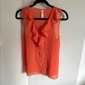 Sheer Ruffle V-Neck Sleeveless Blouse - Orange